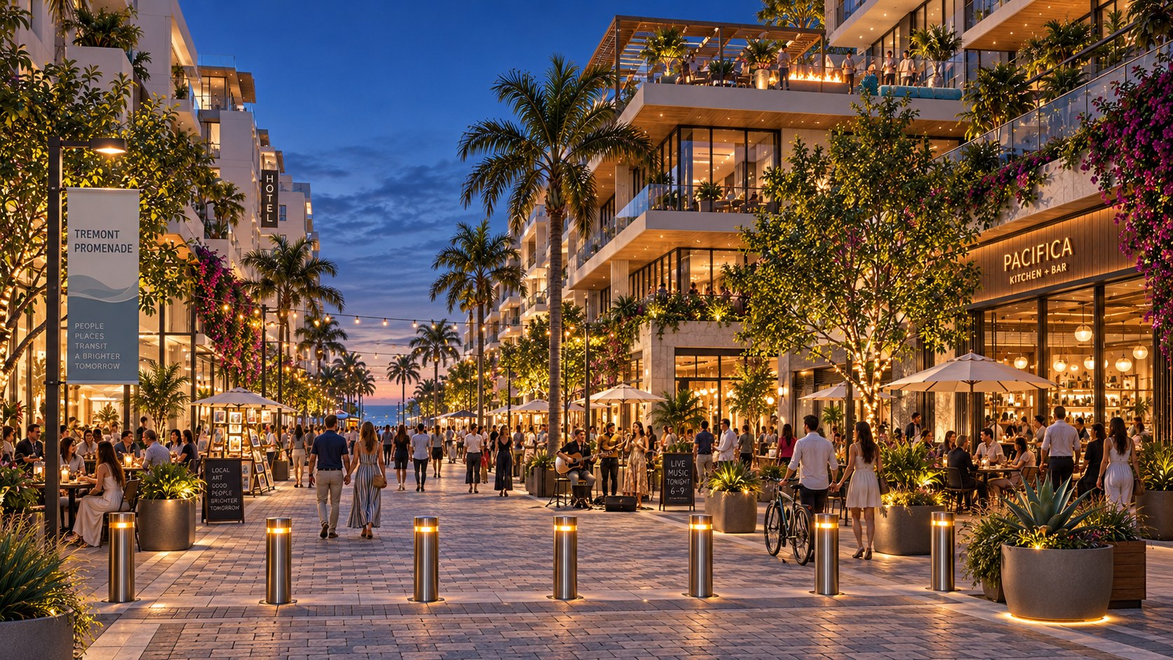 Concept rendering of a walkable, transit-oriented neighborhood beside the Oceanside Transit Center